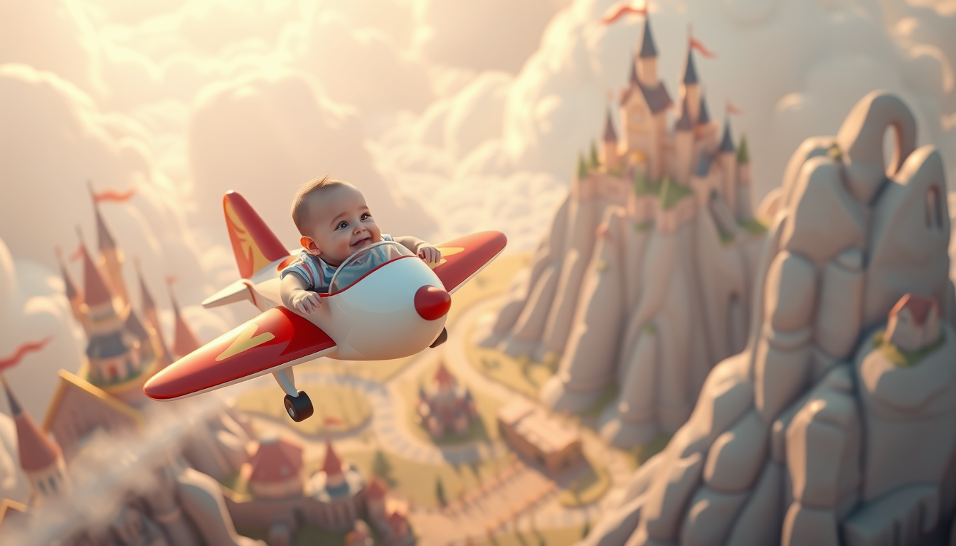Main art studio: a baby is flying a plane and lands in a gummy disney land