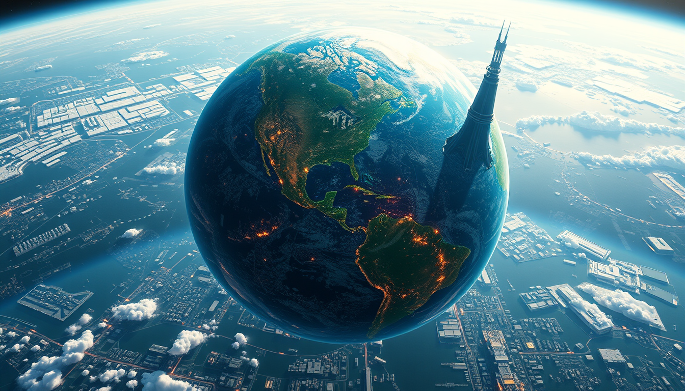 Main art studio: My Earth as a World Creator: a massive futuristic planet covered with incredible cities, giant towers, floating buildings, advanced technology, green 