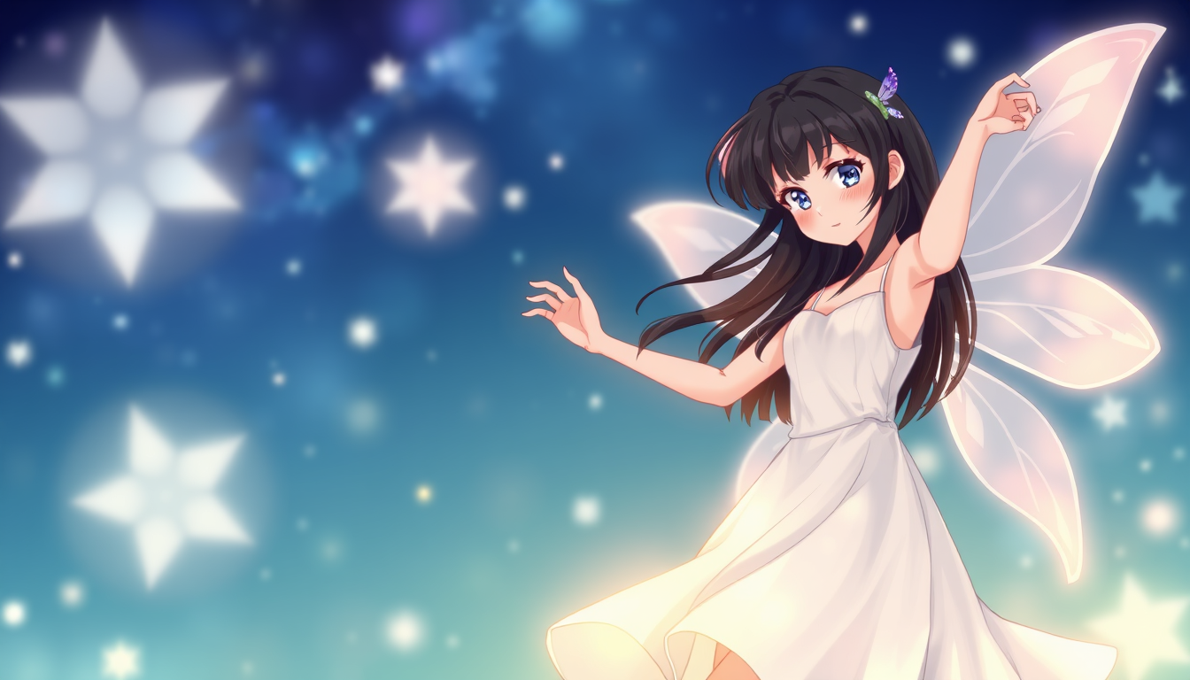 Main art studio: A girl—a fairy—is dancing. She has black hair and is wearing a white dress.