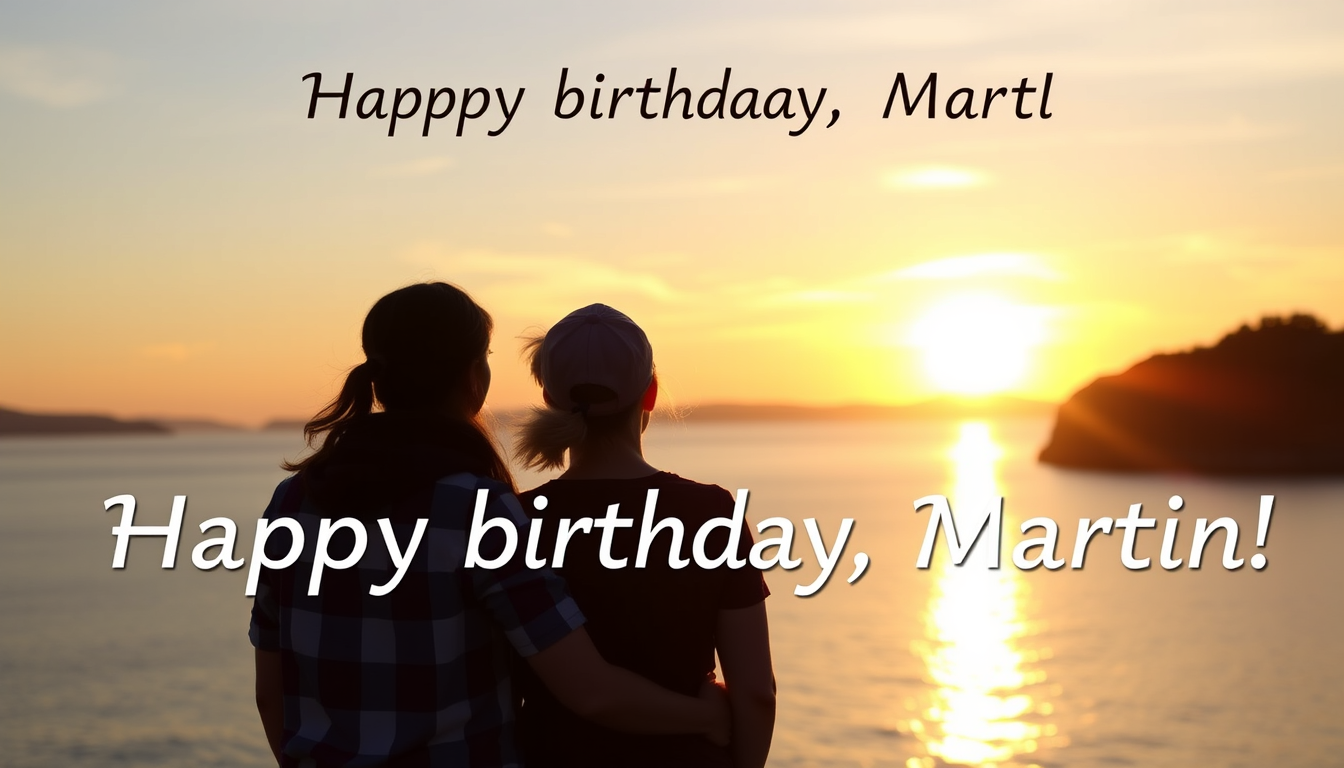 Main art studio: Generate an image of beautiful sunrise and a couple of man and woman pictured from behind, and a text "Happy birthday, Martin!"