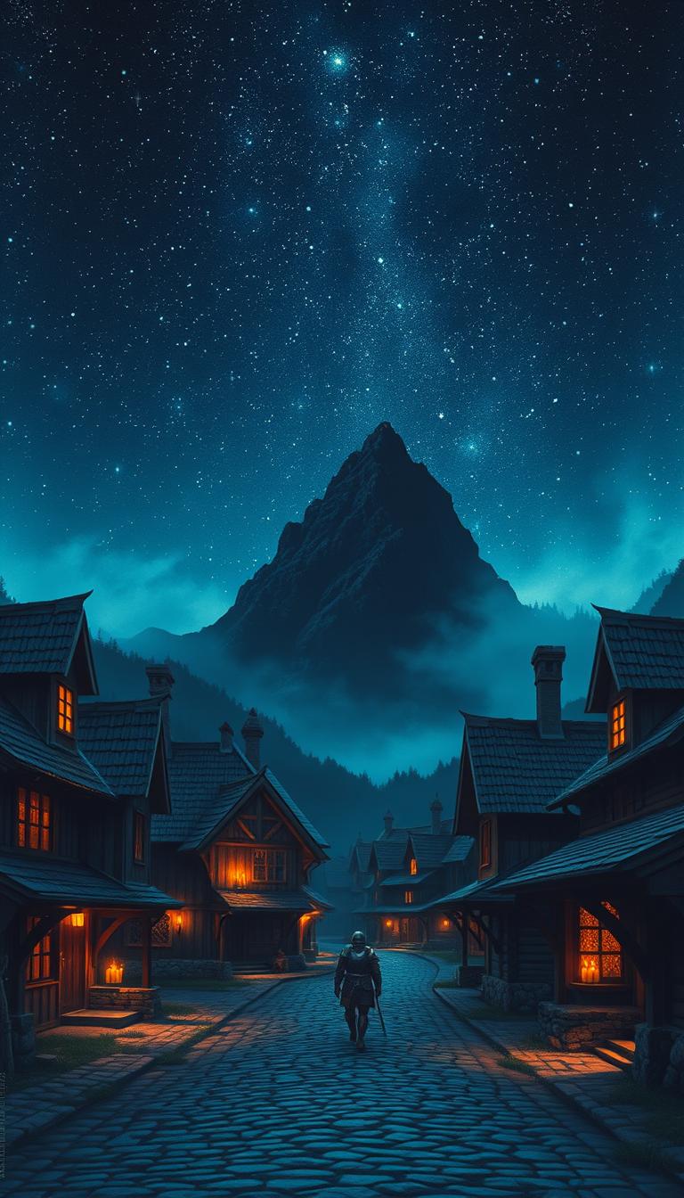 Main art studio: A quiet medieval village at night beneath a massive star-filled sky. Warm candlelight glows from wooden houses while an armored knight walks alone dow