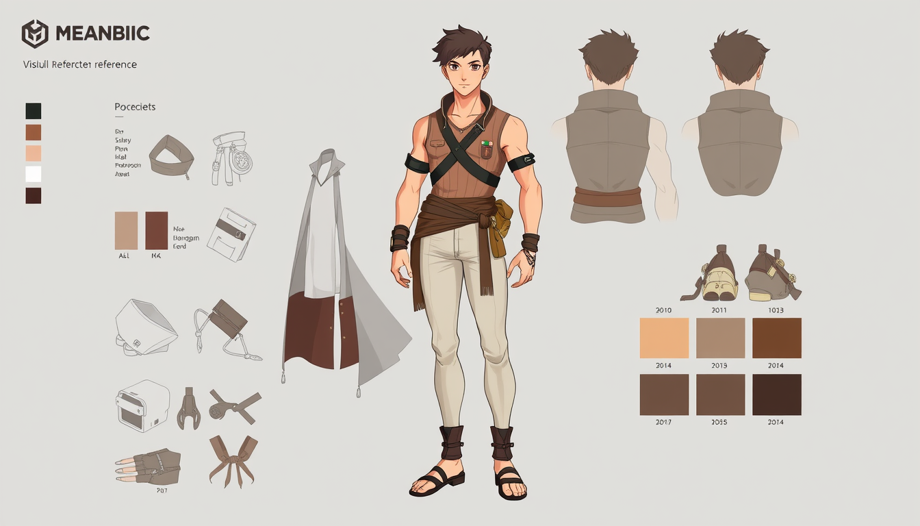 Character Sheet idea: a visual character reference sheet with a dominant full-body view, controlled details, palette swatches, and supporting expressions or accessories, de