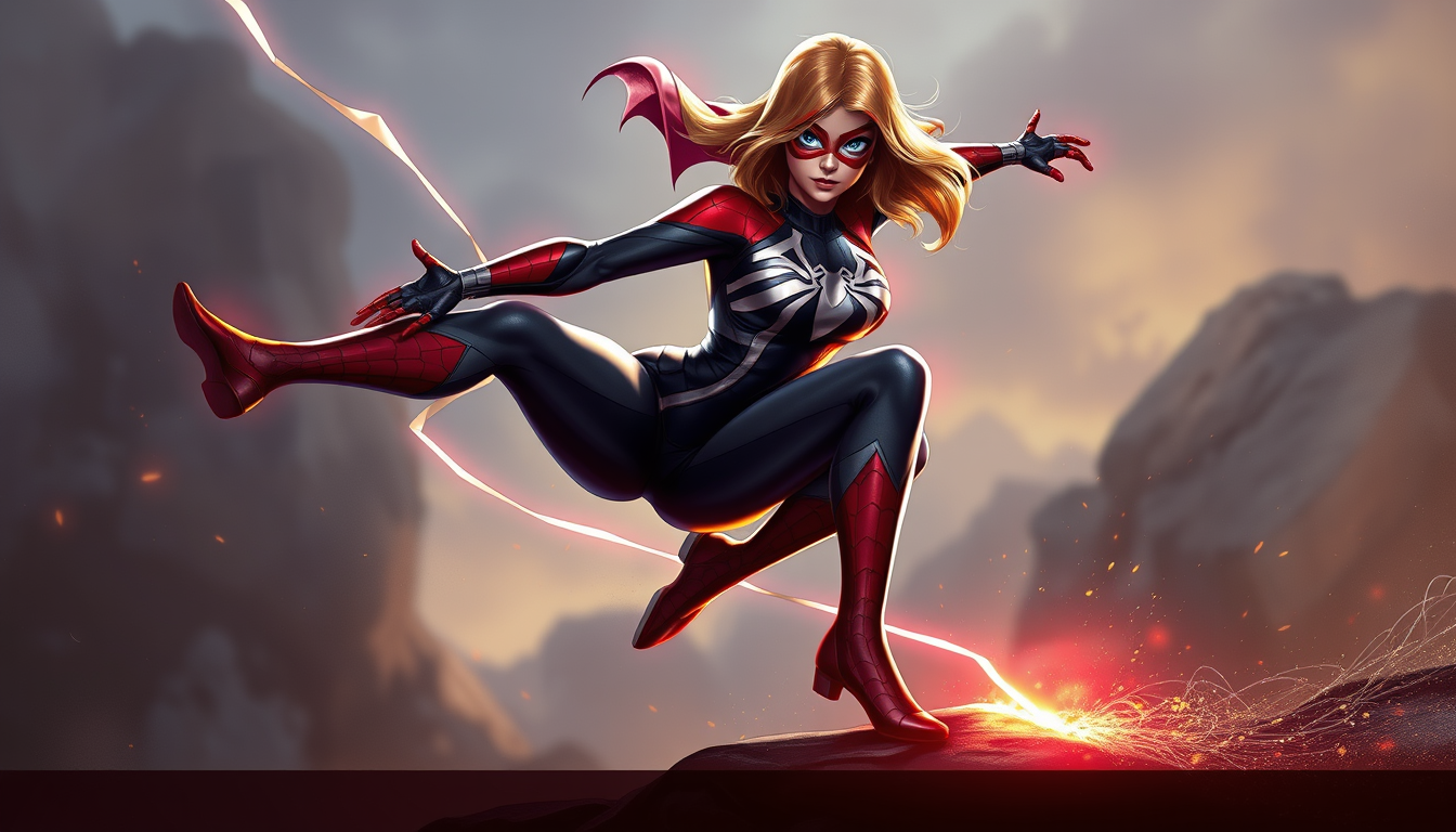 Superhero idea created from the prompt: original superhero character design, dynamic pose, bold costume, dramatic lighting, comic art energy, A girl with spider gwen costume (She I