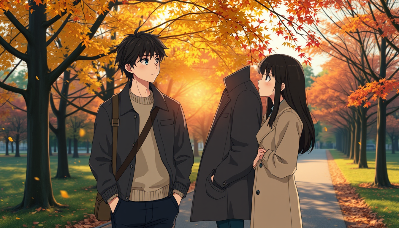 Main art studio: Create Scene 19 of the original cinematic Japanese anime romance movie October Theory. One year after graduation, Haruki Tanaka, now 18, meets Noni Mi