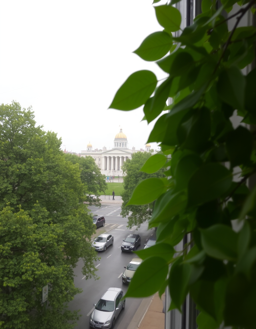 Main art studio: View from a window overlooking the Palace of Culture and Science in Warsaw. Green tree leaves are visible near the window. The trees are lush and gree