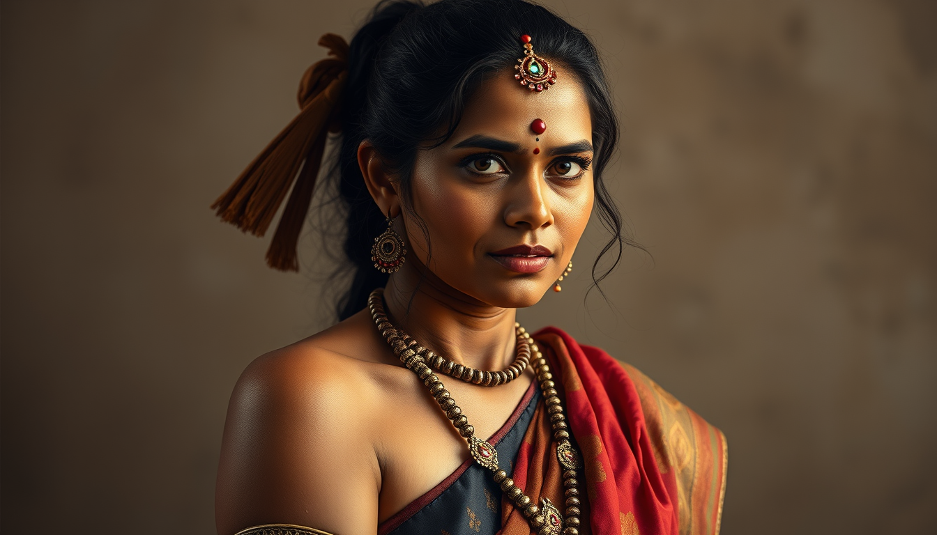 Characters idea: an original character defined by silhouette, role, outfit, palette, and expression, deliberate composition, Indian village hairy armpit aunty , polish
