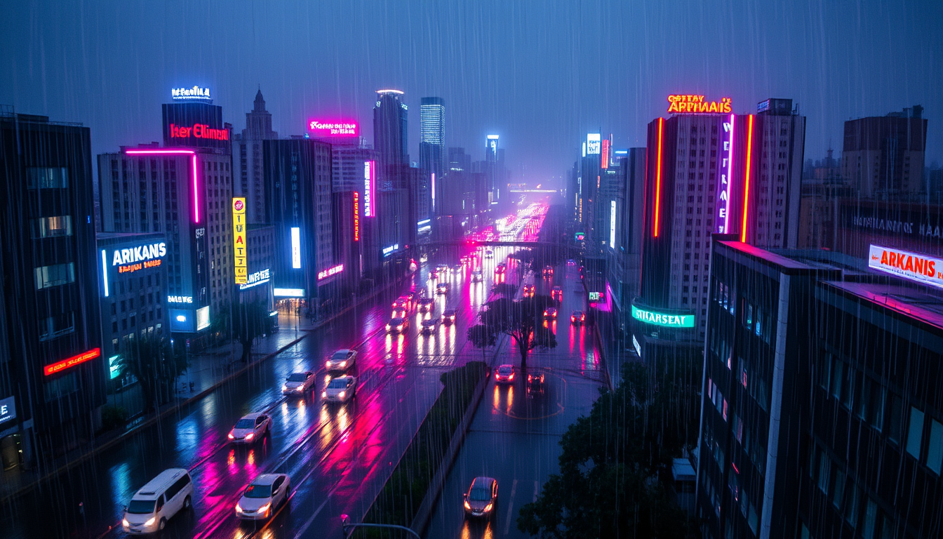Main art studio: Rain poured over the city of Arkanis like a curtain of silver, washing the neon lights into blurred rivers across the streets.