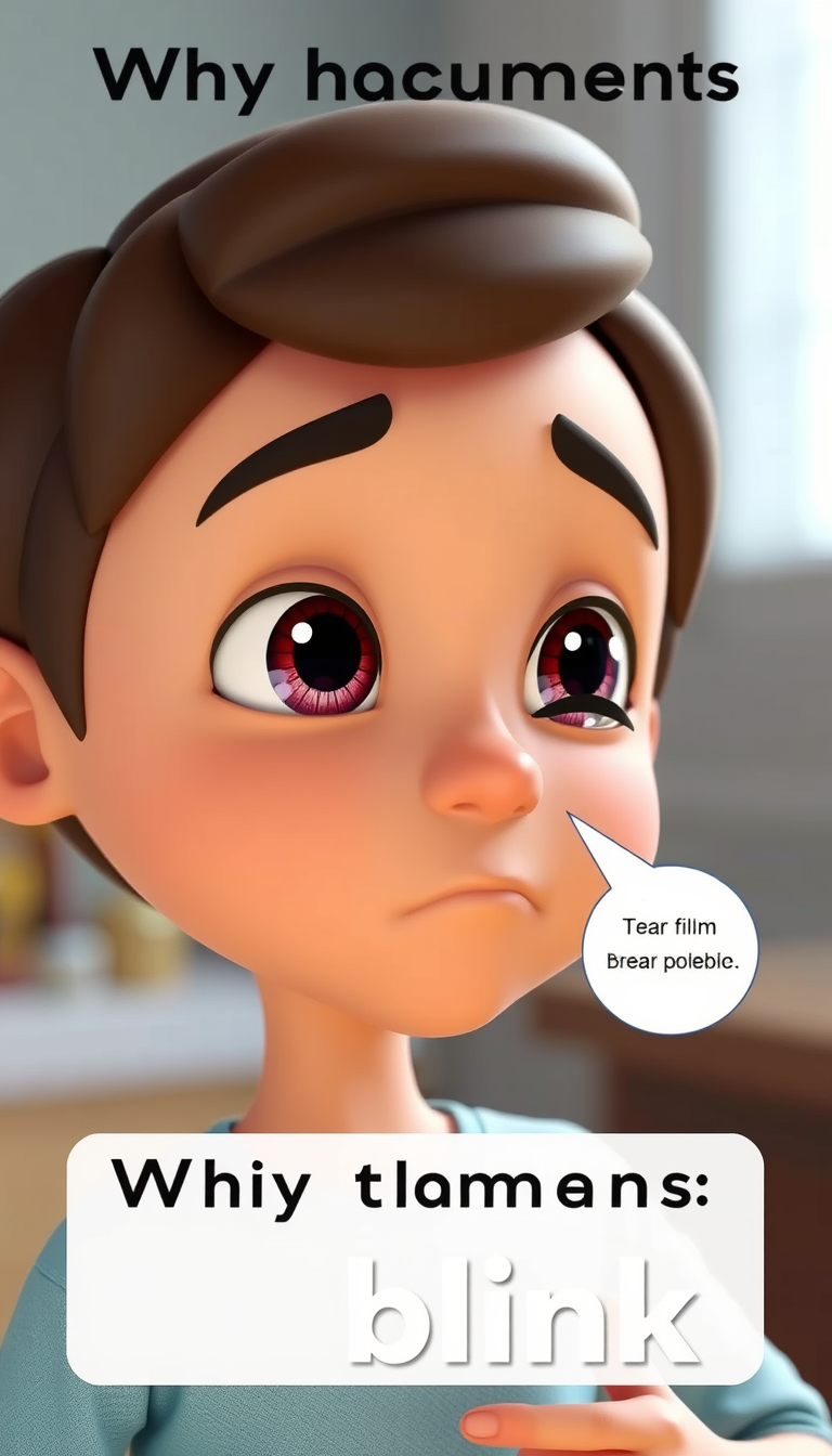 AI Art prompt example created from the prompt: Create a high-quality 3D cartoon educational science scene showing a friendly animated human character explaining why humans blink. Visual s