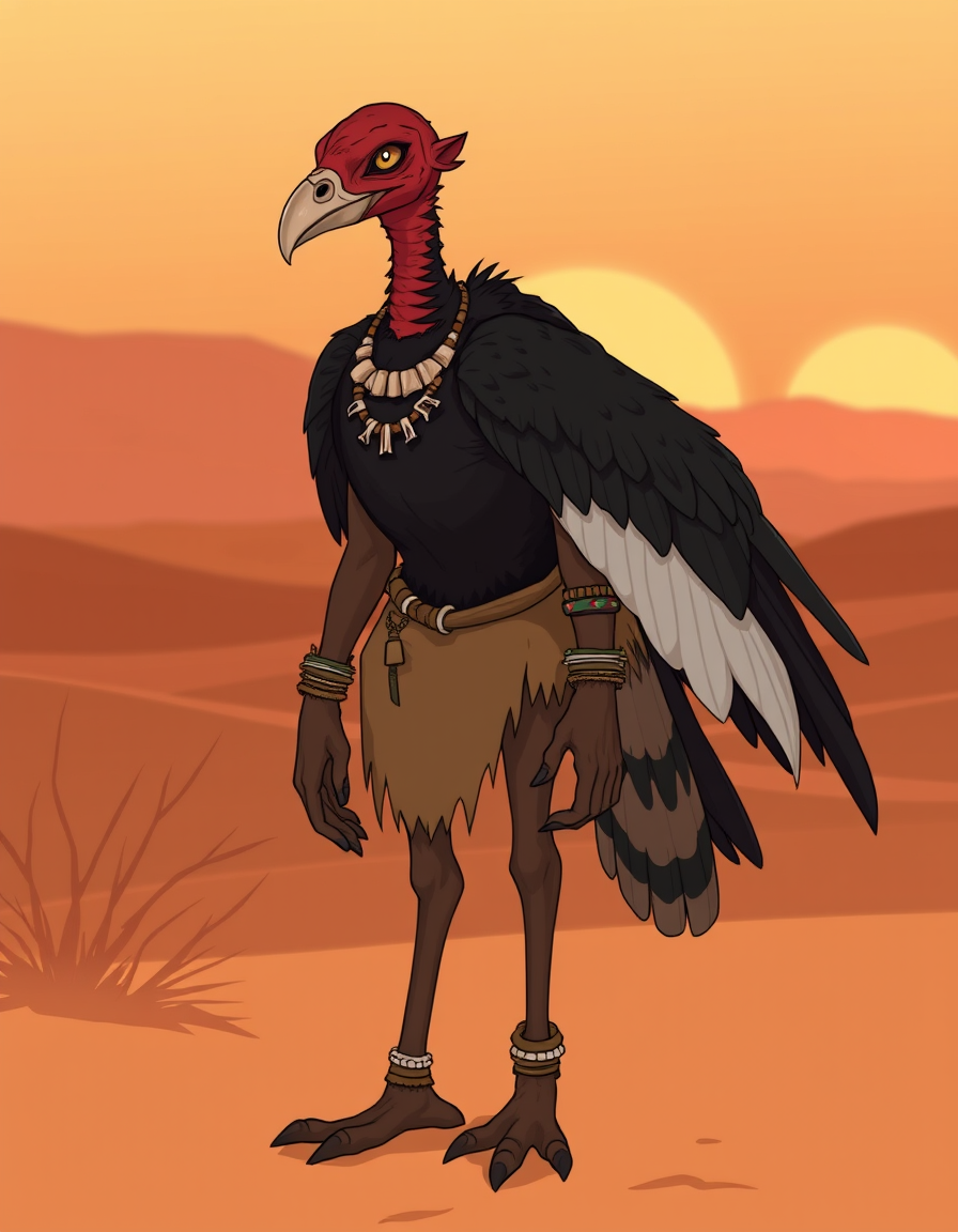 Main art studio: Furry OC, Anthro turkey vulture character, young tribal femboy, slender lithe humanoid femboy build and proportions, thin dark brown-black body plumag