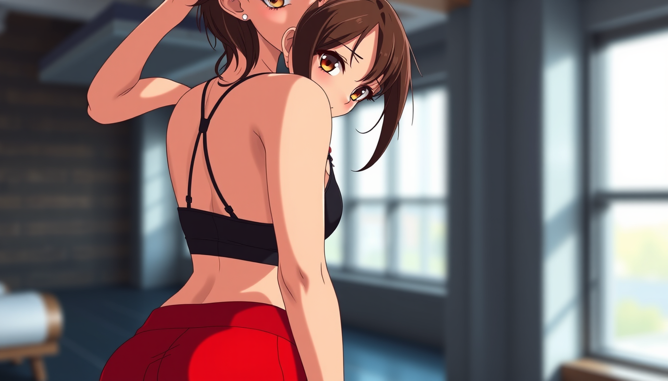 Main art studio: Still Image, anime-photorealistic style, high quality, masterpiece, Brunette sporty anime Girl, slim but trained in black Sportsbra and Red yogapants,