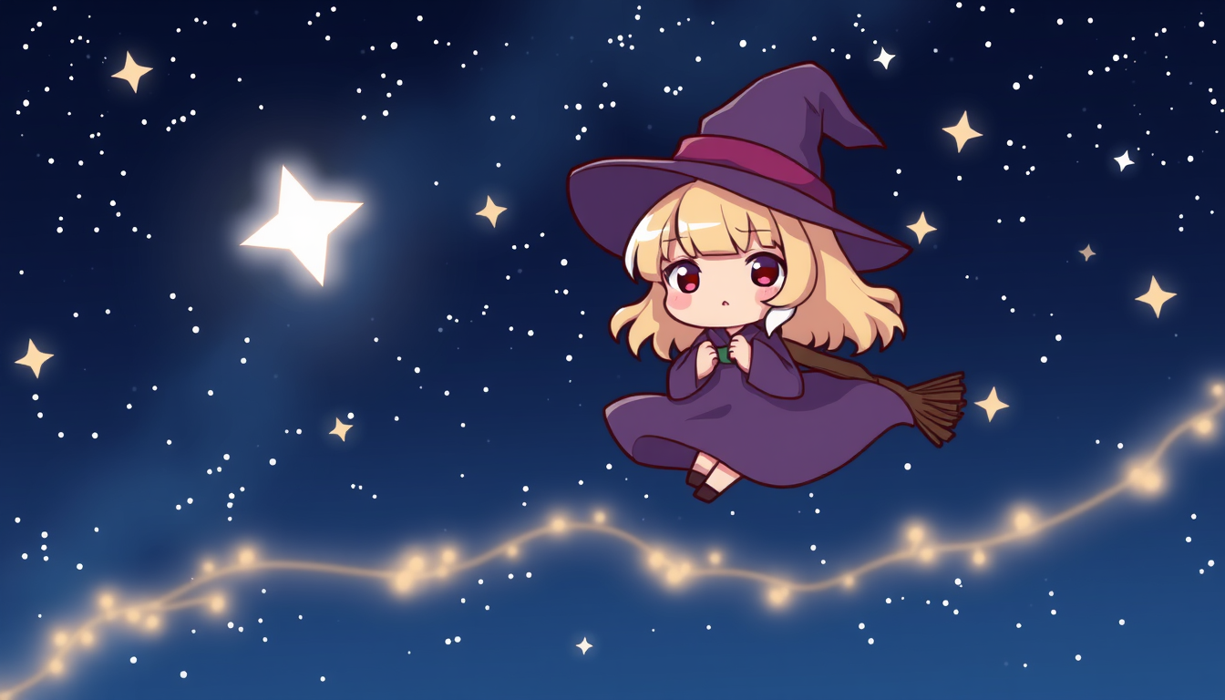 Main art studio: witch flying through a starry night sky, flowing robes, magical sparks Cute chibi girl