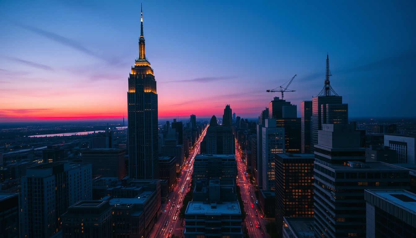 AI Art prompt example created from the prompt: Cinematic aerial view of a modern Manhattan-style skyline at blue hour, from a high rooftop between skyscrapers. A prominent Art-Deco tower