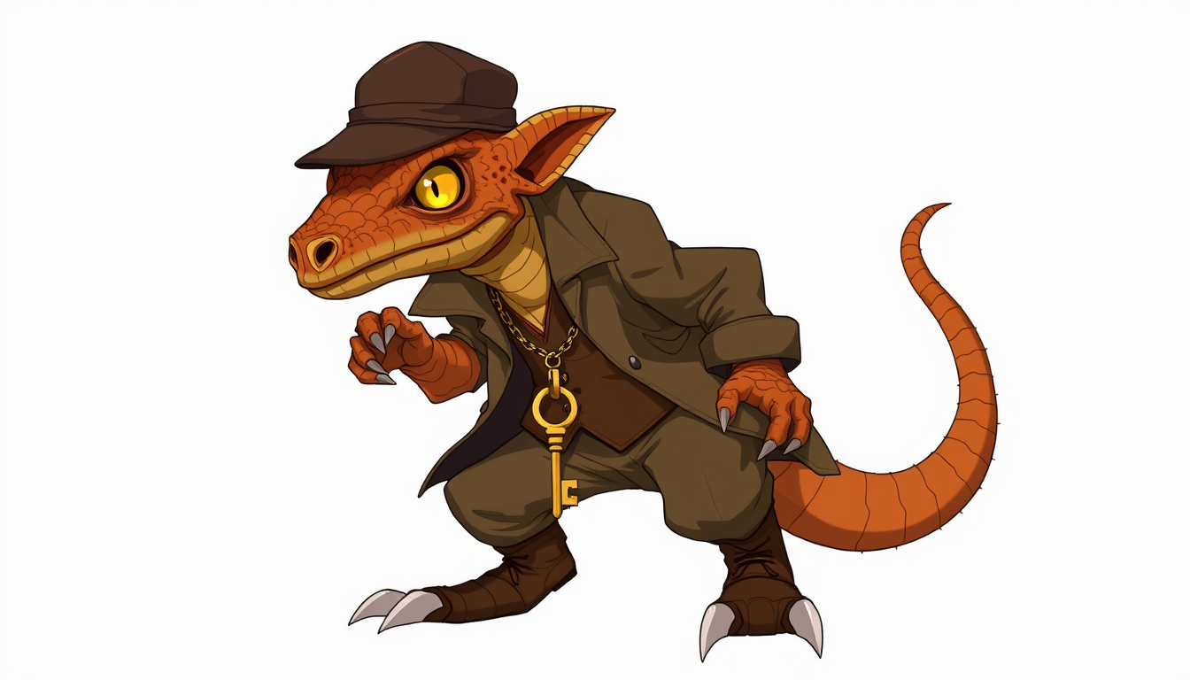 Characters idea: an original character defined by silhouette, role, outfit, palette, and expression, deliberate composition, Kobold inquisitor for a banking cult. adul