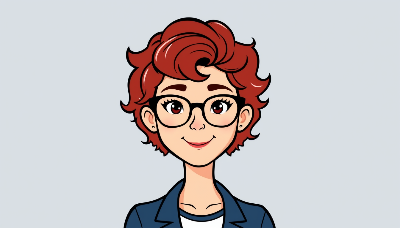 Cartoon Avatars idea: cartoon avatar, head-and-shoulders, bold outlines, flat shading, cartoon avatar of a woman with curly red hair and glasses , social-media-ready cartoo
