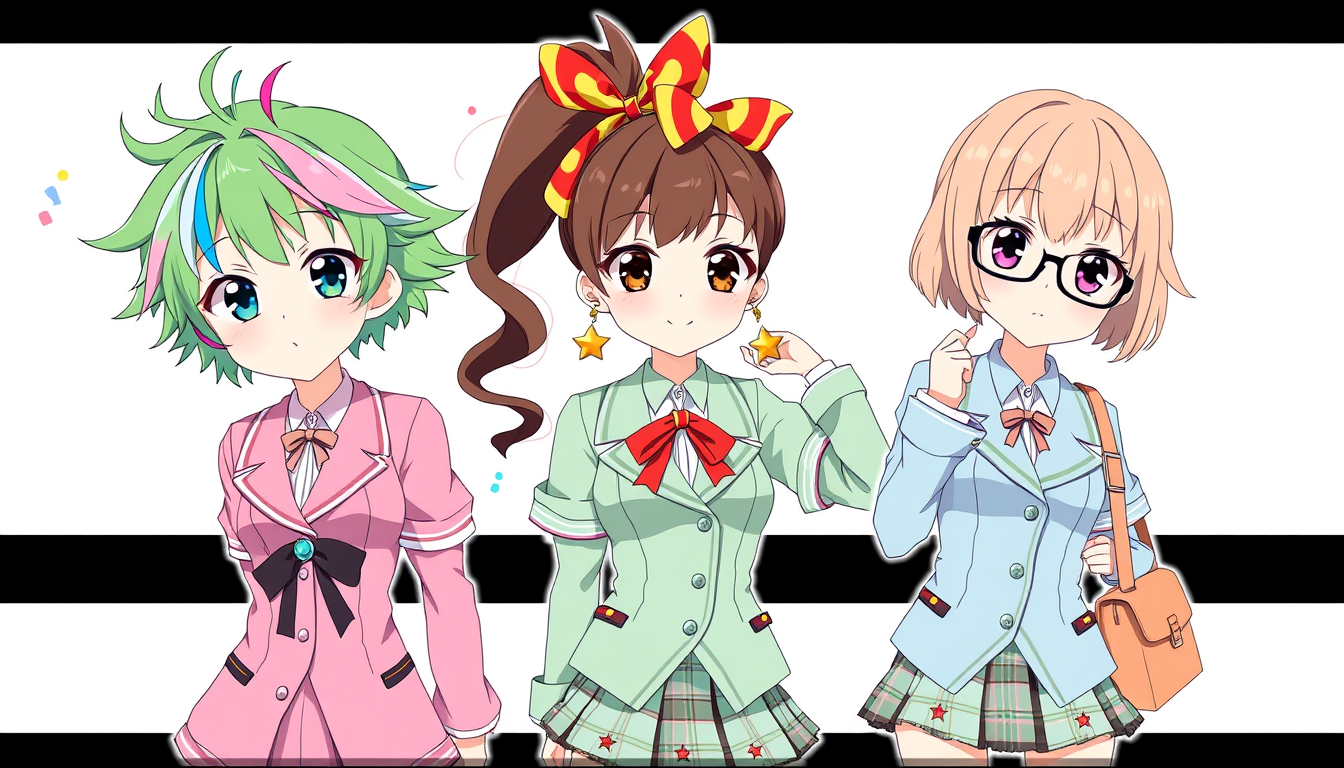 Anime idea: anime style, vibrant colors, expressive eyes, Three anime girls in matching academy uniforms: the first has messy green hair with pink and blue streak