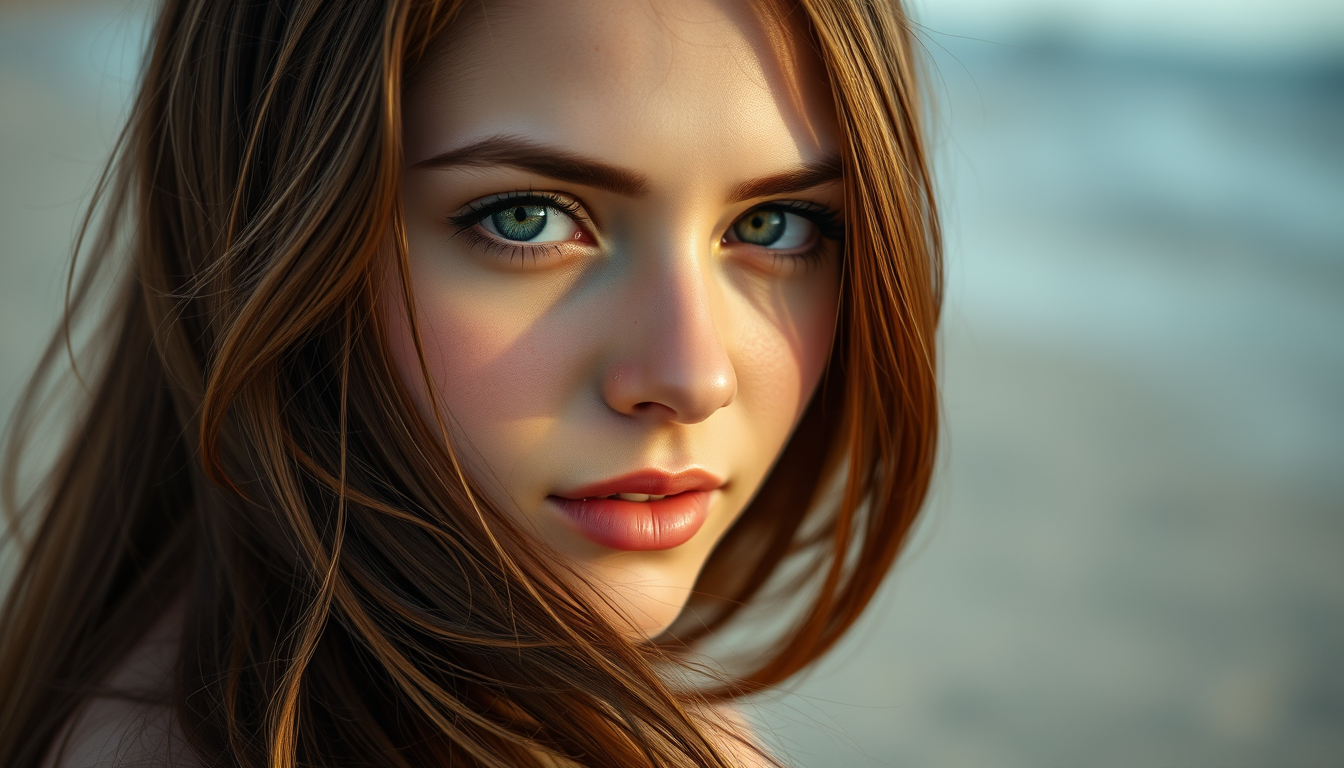 Main art studio: Ultra realistic adult woman, 25 years old Beautiful adult woman, realistic, long brown hair, green eyes, soft natural lighting, highly detailed, photo