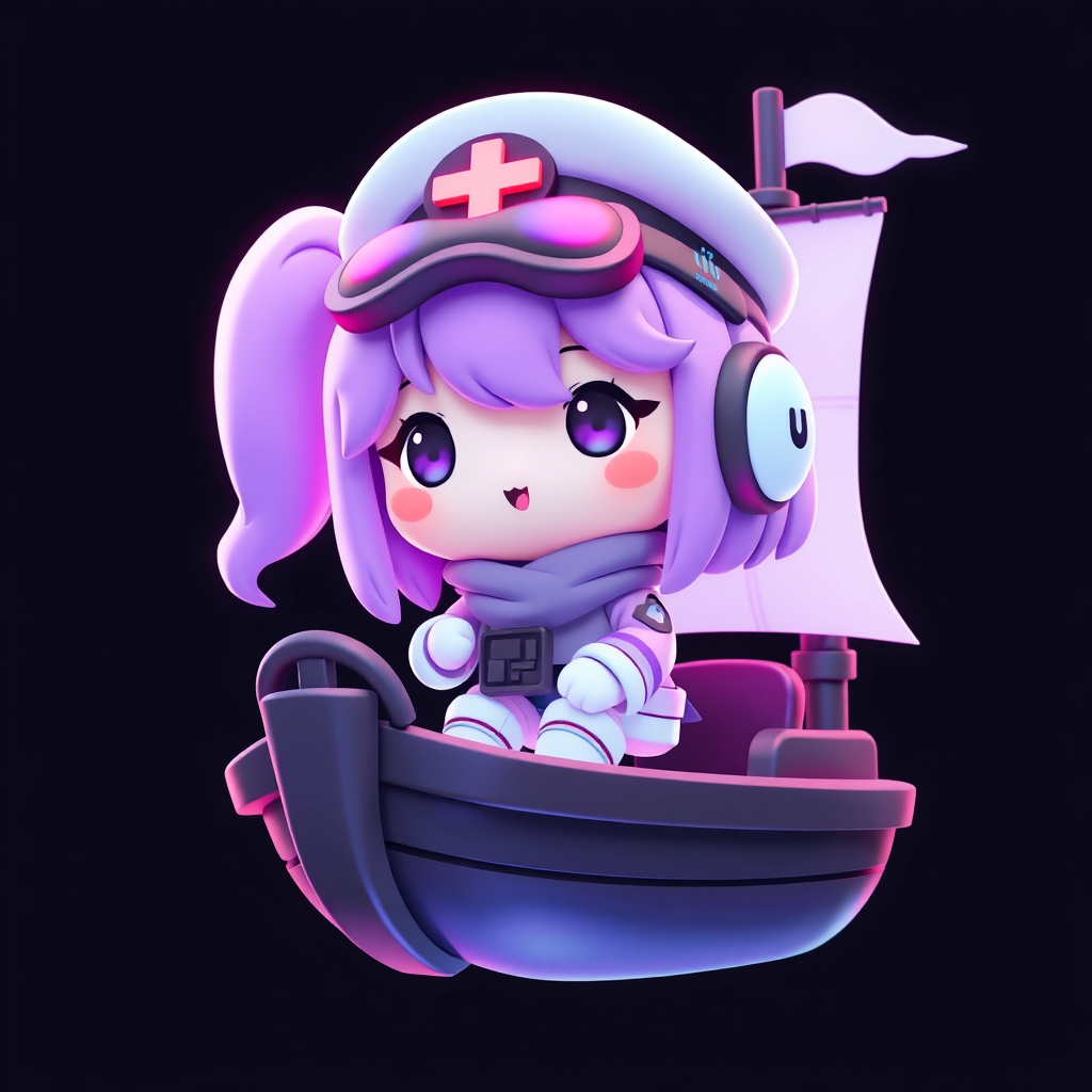 Main art studio: Mochi animated Female Captain on a ship for discord profile picture A cute 3D animated mochi character designed as a Web3 NFT profile picture, neon pu