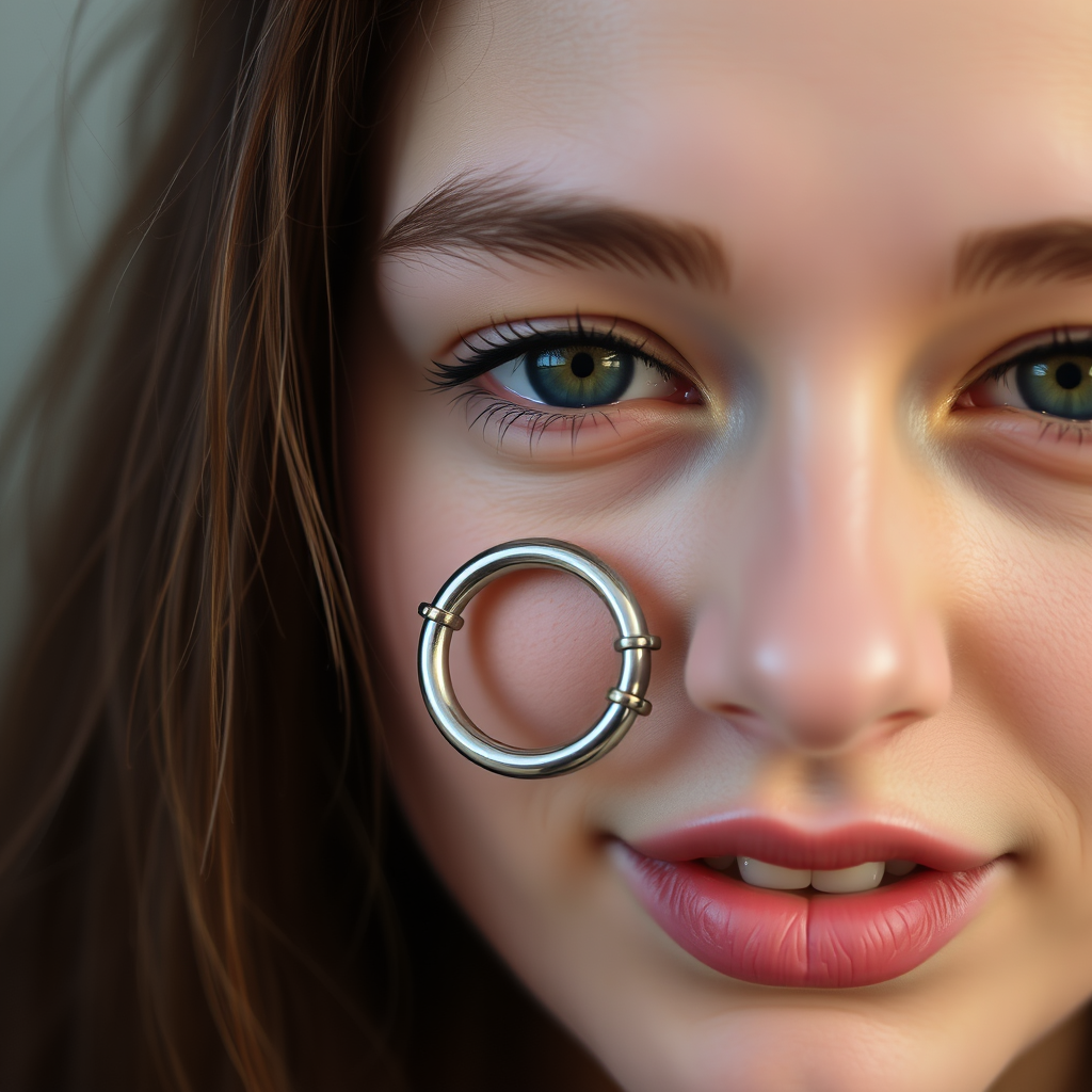 Main art studio: Photo of young woman with massive metal septum ring looking at camera