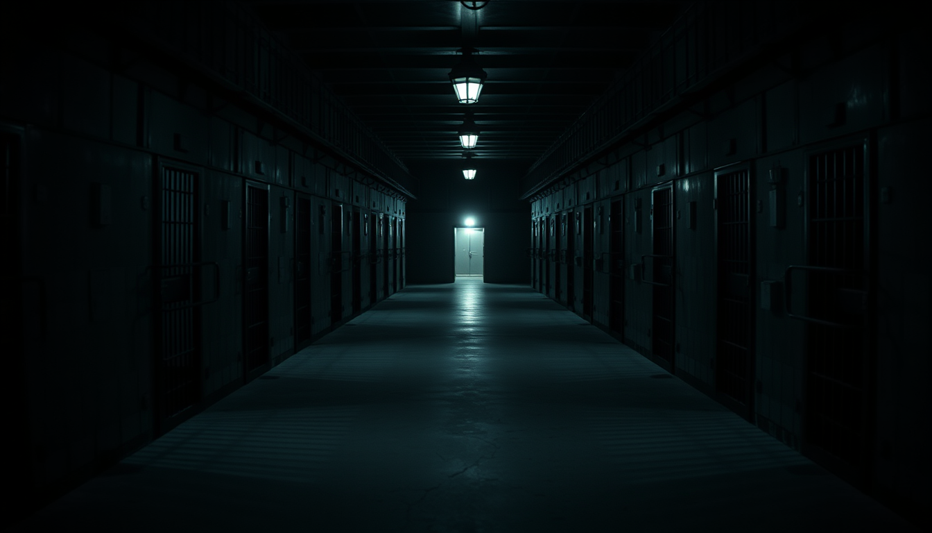 Main art studio: The Three Empty Cells Long corridor of Alcatraz prison at night, three adjacent prison cells visible, guards' lights casting long shadows across the f