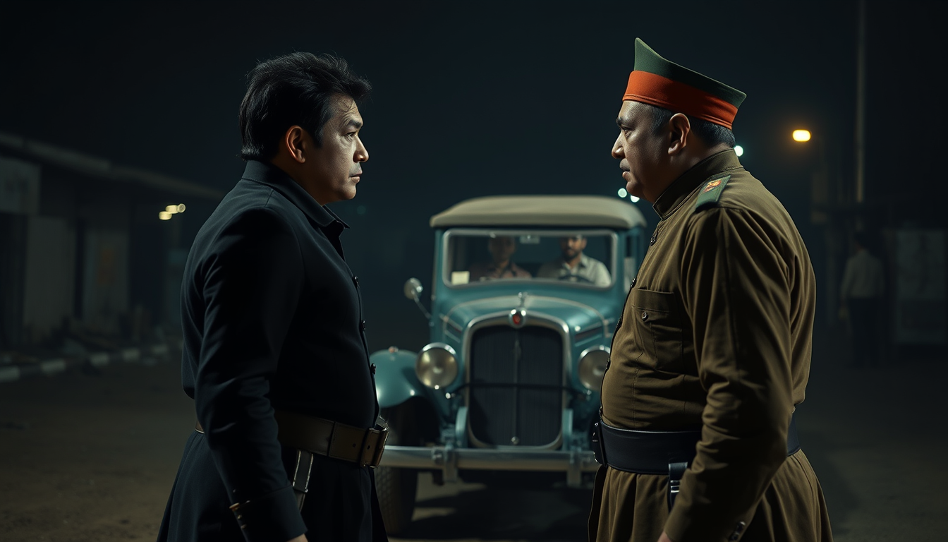 Main art studio: Ultra photorealistic cinematic 4K historical reconstruction, Neera Arya confronting Shrikant Jung Bahadur during a chaotic nighttime encounter, both s