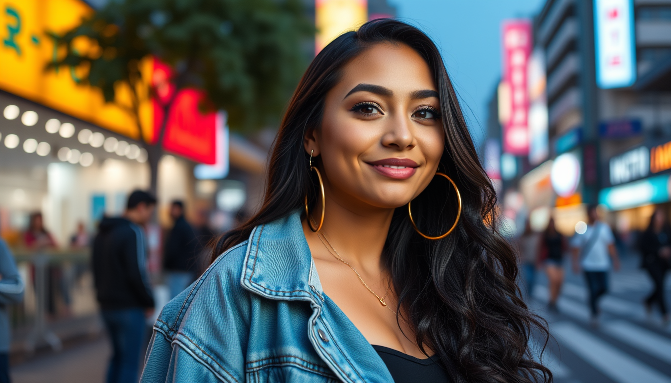Main art studio: A confident Latina young woman in her late teens, stylish streetwear, long dark wavy hair, warm brown eyes, gold hoop earrings, natural makeup, confid