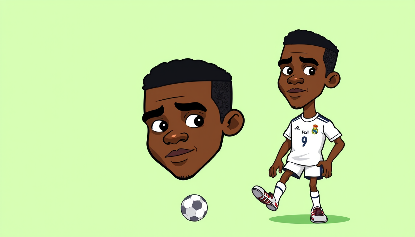 Main art studio: Hand-drawn 2D football cartoon of Kylian Mbappe, recognizable face, dark skin, very short black hair, strong eyebrows, youthful face, focused expressi