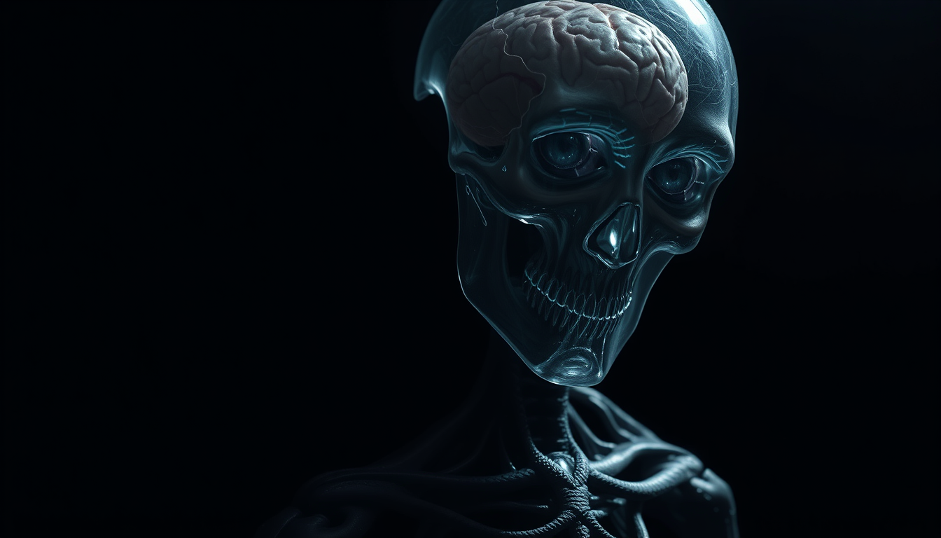 Main art studio: Terrifying tall humanoid creature in darkness, with a realistic human face and body. Extremely long arms covered in living black shadows. Its entire h