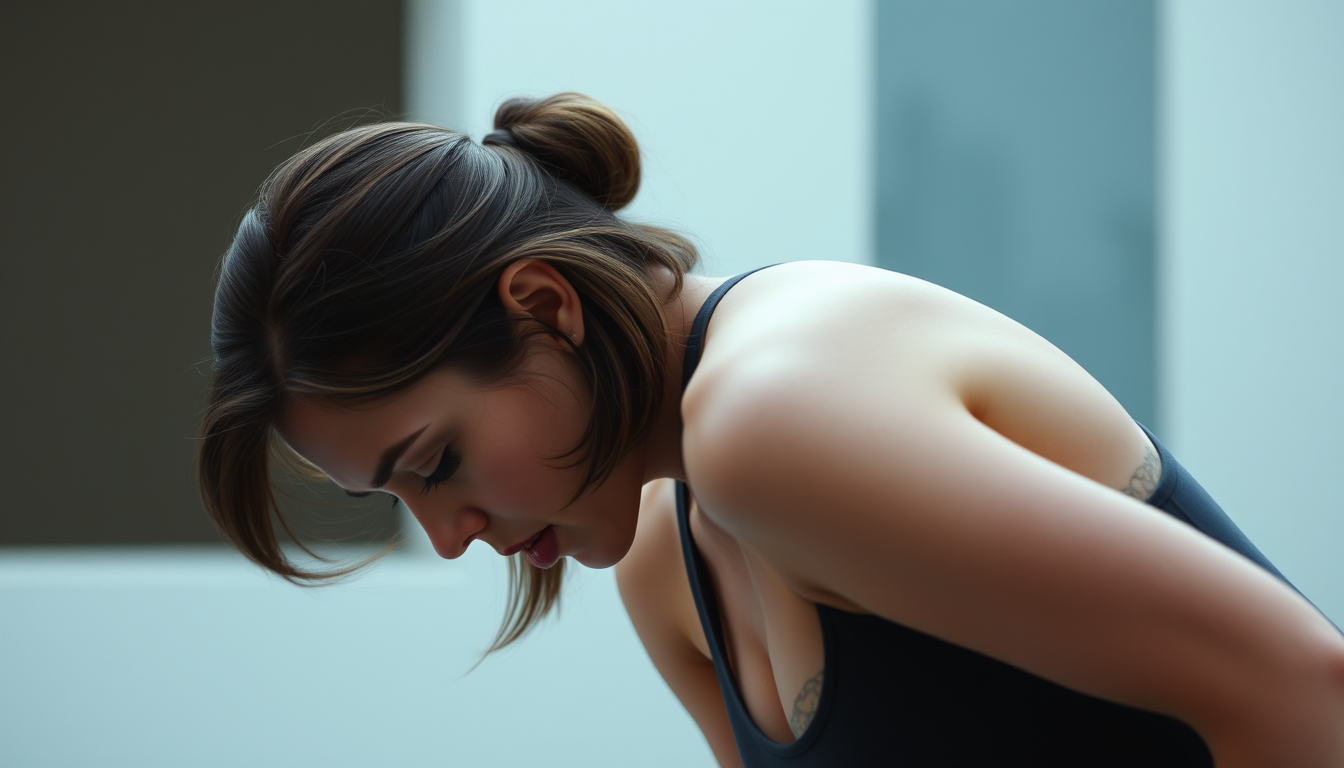 Main art studio: Create a 10-second realistic video of an adult character slowly bending forward, with a smooth camera movement and a subtle cinematic zoom. Keep the c