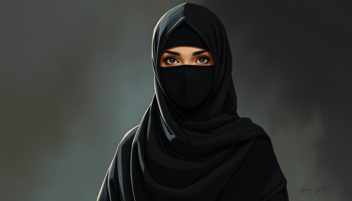 AI Art prompt example created from the prompt: Detailed cinematic hand-drawn digital illustration, NOT a photograph. A modest Muslim woman wearing a full black niqab and flowing black aba