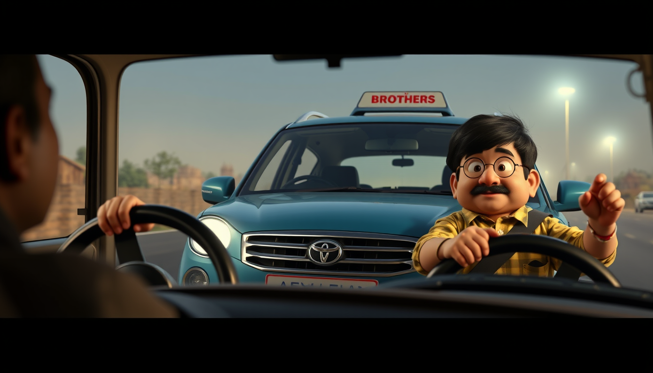 Main art studio: Motu: "Patlu! bahawalpur safar karna hai, lekin gaari ka masla hai?" Patlu: "Motu, fikar kis baat ki? Brothers Rent a Car hai na!" Motu: "Wah! Matlab 