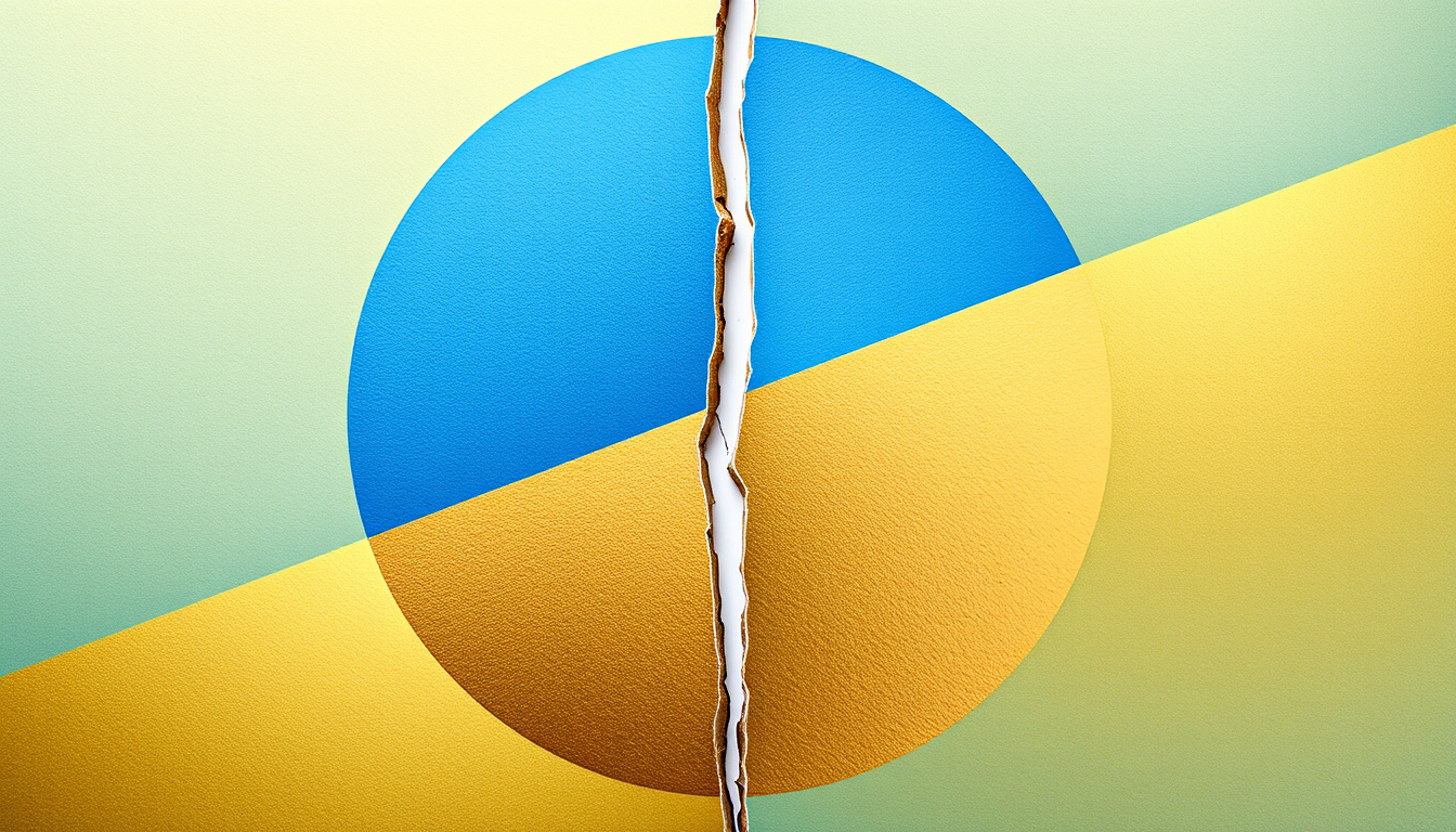 Main art studio: A circle split by a single vertical crack, left side gold, right side blue, crack white
