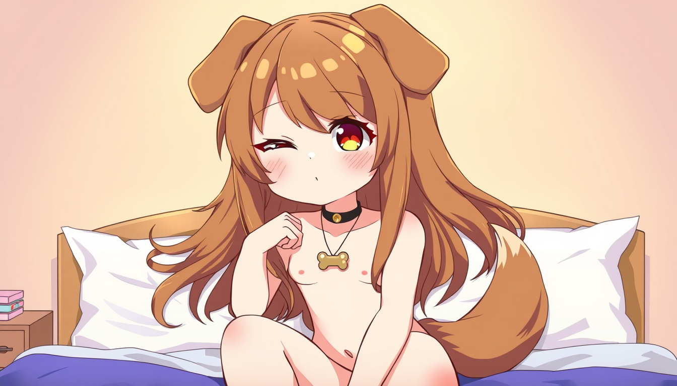 Main art studio: Digital anime illustration of an adorable original character, brown fluffy long hair, puppy ears, brown dog tail, brown eyes, winking, wearing a bone 