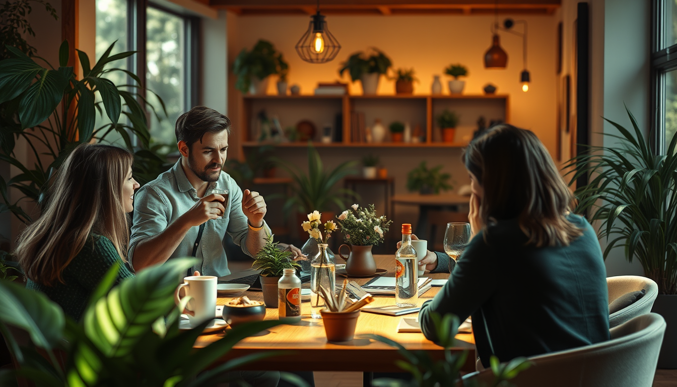 Main art studio: un espace de travail chaleureux avec des gens qui travaillent ensemble. certains boivent un café. la pièce est lumineuse, il y a des plantes. les gens