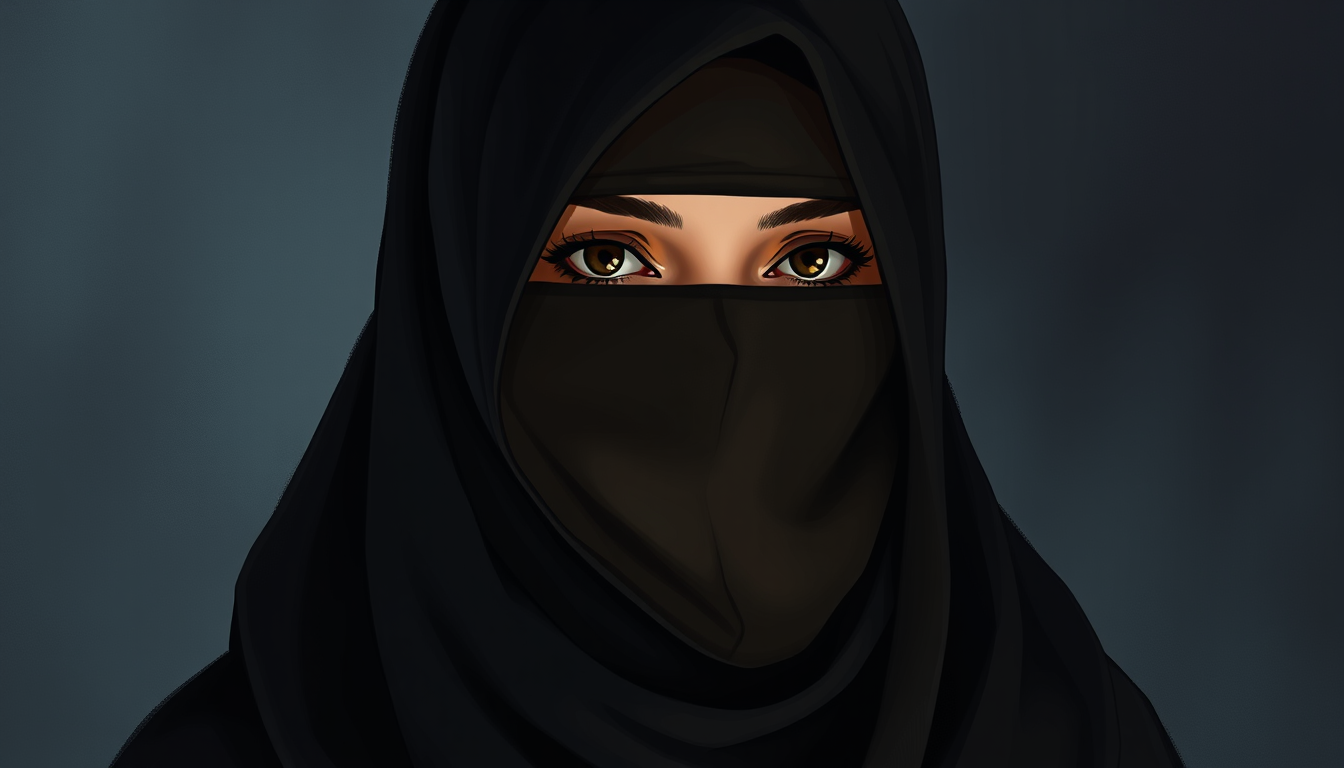 AI Art prompt example created from the prompt: Detailed cinematic hand-drawn digital illustration, NOT a photograph. A modest Muslim woman wearing a full black niqab and flowing black aba