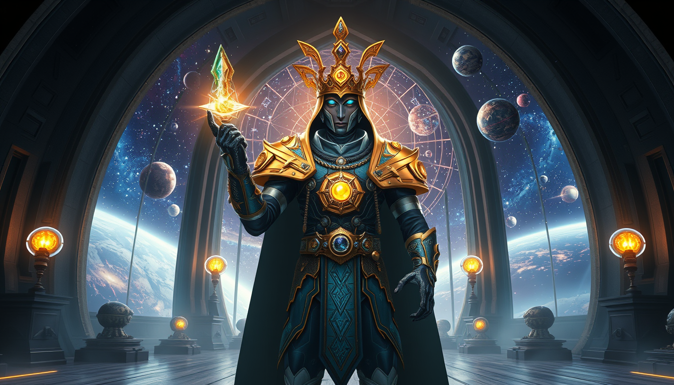 Main art studio: A World Creator standing inside a universe-sized cosmic palace vault surrounded by all powerful creator items. Ancient futuristic armor, glowing Cosmi