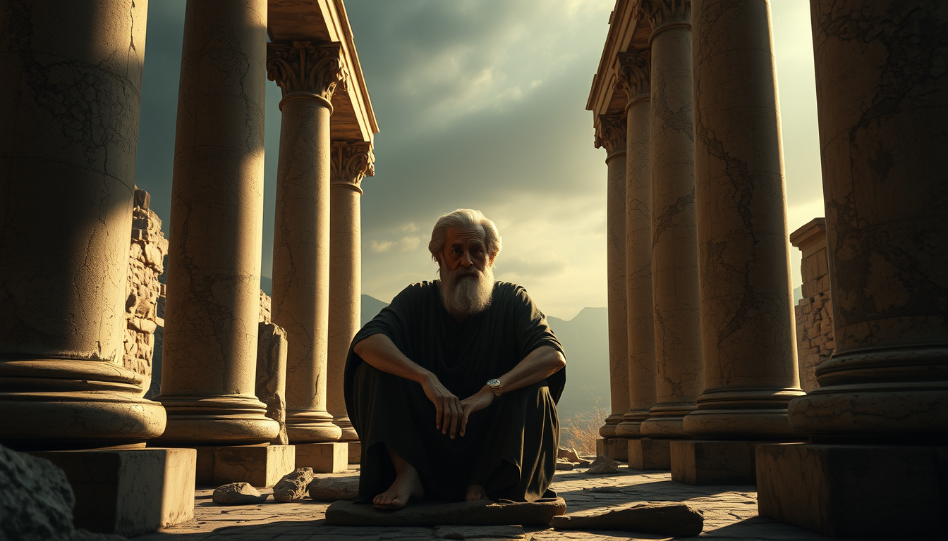 Main art studio: Ancient Greek philosopher sitting calmly among ruined marble columns, deep thoughtful expression, dark cinematic atmosphere, soft golden light, dramat
