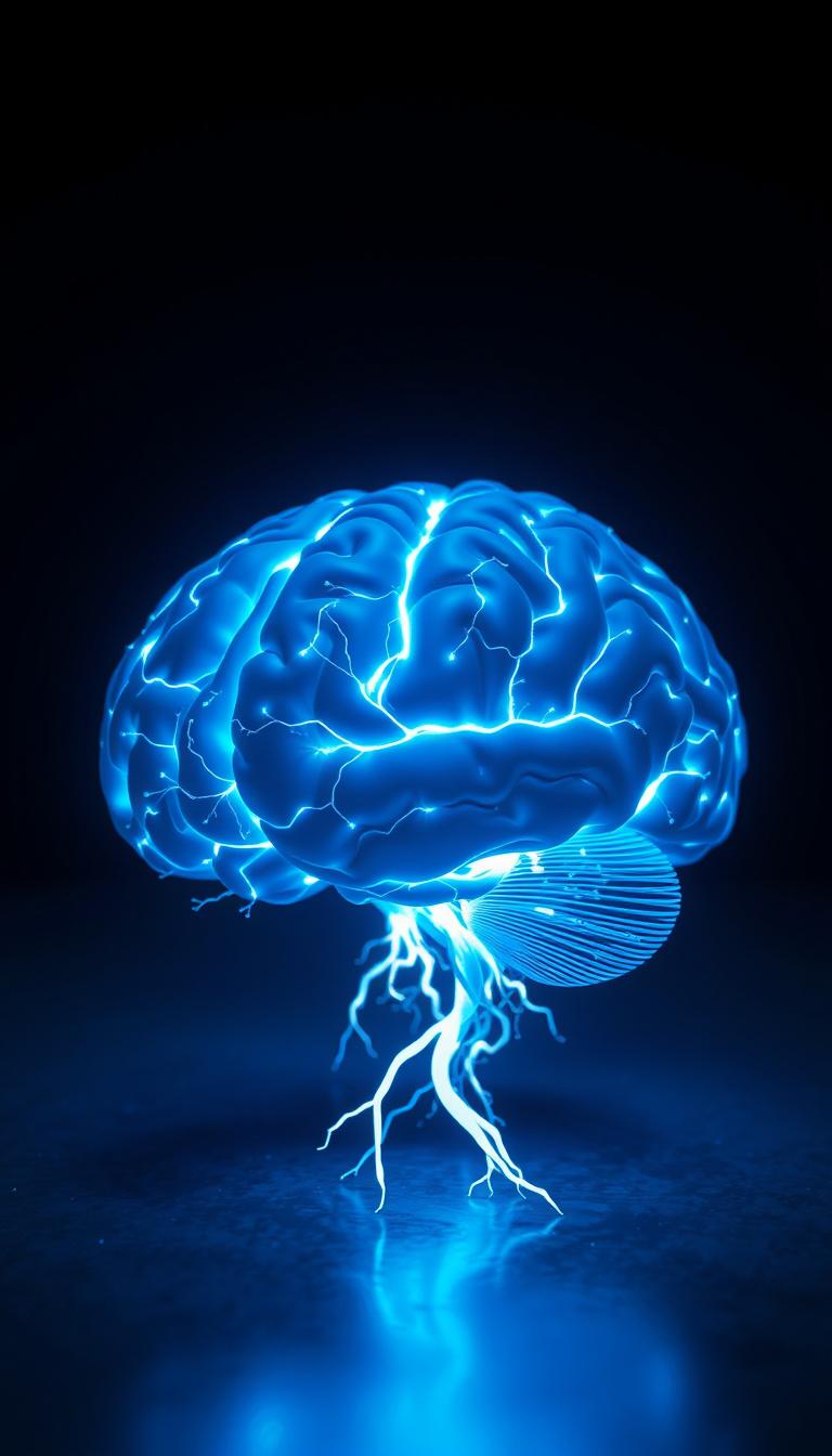 Main art studio: Realistic human brain glowing in dark environment, blue light affecting brain, neurons firing actively at night, scientific visualization, cinematic l