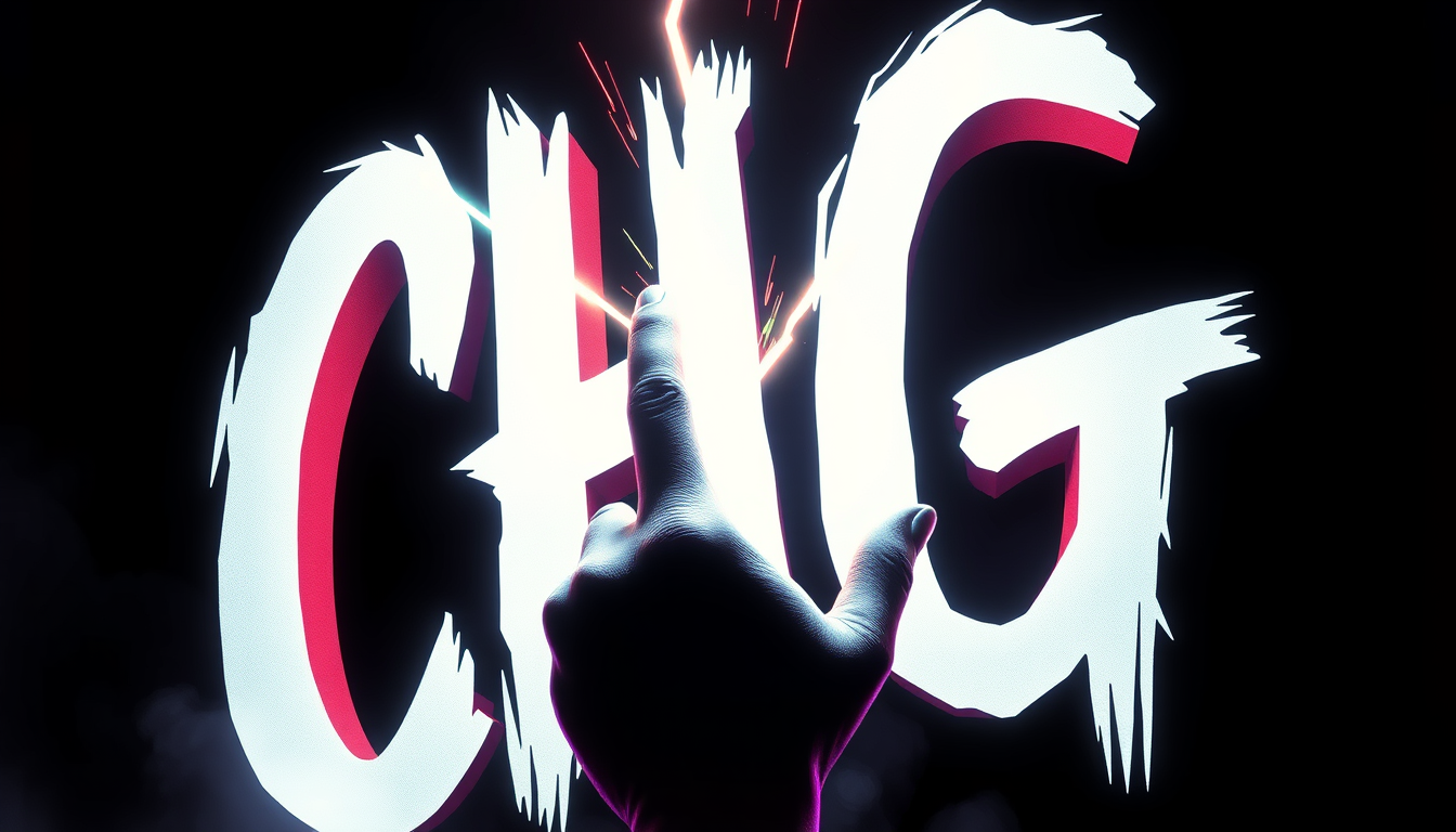 Main art studio: Schwarzer/dunkelvioletter Hintergrund + riesiges weißes „CHG“ mit Neonviolettem Rand + stylisierte verrückte Hand hinter dem „G“ + wenige Blitze. weni