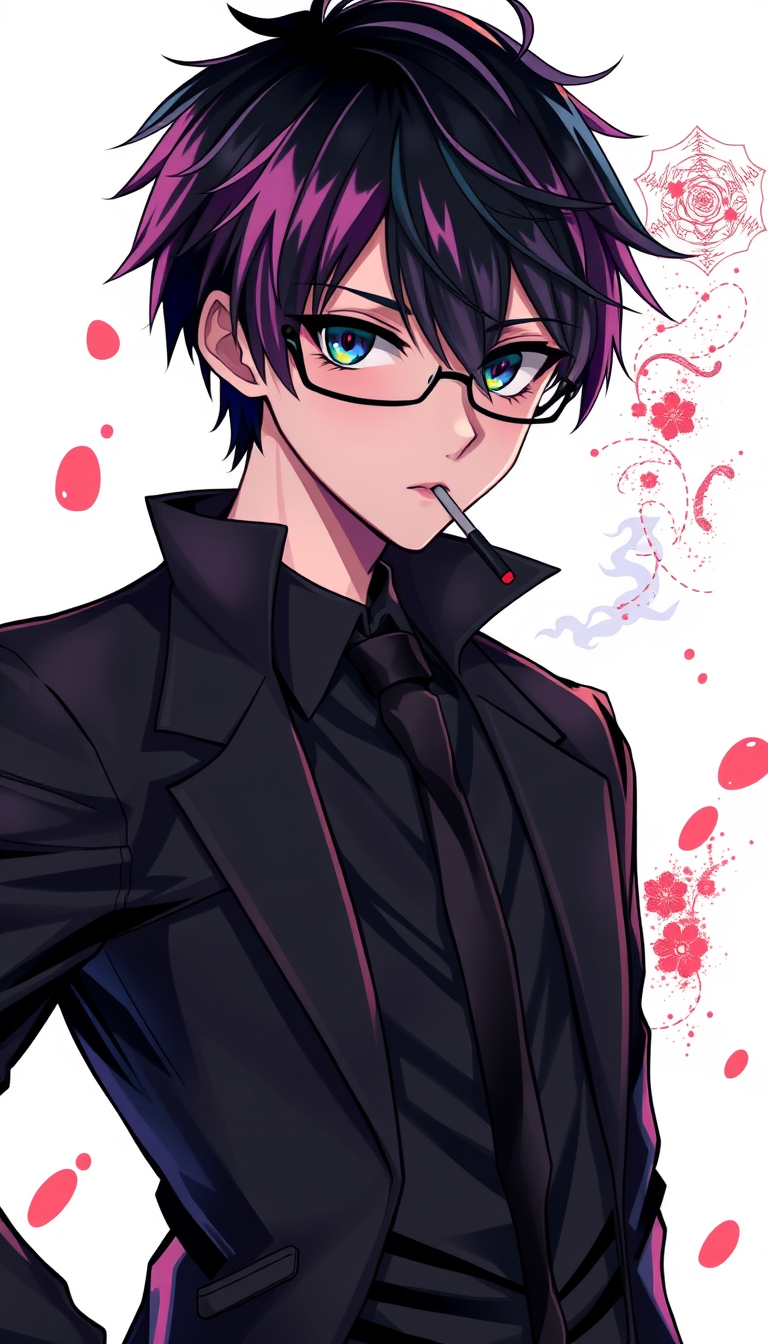 Anime idea: anime style, vibrant colors, expressive eyes, un ragazzo scuro di pelle alto un 1,70 grasso con capelli quasi a zero vestito di nero con occhiali da v