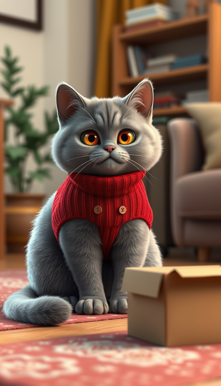 Main art studio: The exact same gray British Shorthair cat from my original reference image, wearing the same red sweater, round cheeks, amber eyes, plush gray fur. He