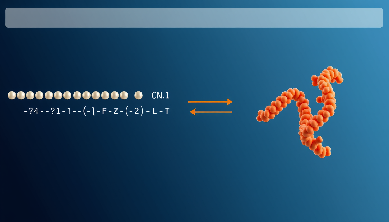 Main art studio: Please generate an image showing a transition of protein sequence like a string of pearls to a globular protein structure, The point is to show the tw