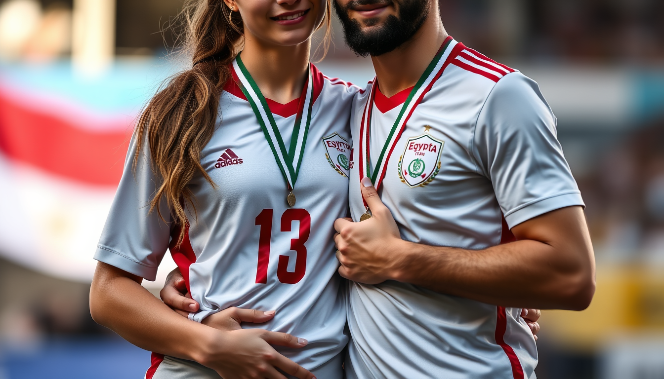 Main art studio: generate a picture of the girl wearing althe egyptian national team jersey with her medal around her neck and the guy wearing the same hersey hugging