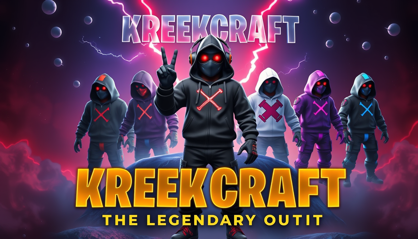 AI Art prompt example created from the prompt: Create an epic cinematic Fortnite-style trailer poster featuring the legendary KREEKCRAFT skin. A mysterious Roblox-inspired gamer wearing a