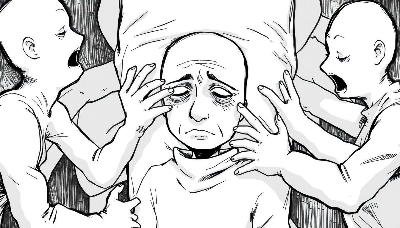 Main art studio: un personnage très brouillon simple humanoide sans visage, triste qui peut pas parler, entouré de personnage humanoide qui pese sur lui en lui couvran