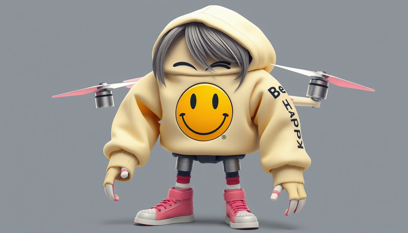 AI Art prompt example created from the prompt: can you generate my murder drone oc wearing an oversized cream hoodie what has a tiny vintage colored smiley face that over it says Be Happy