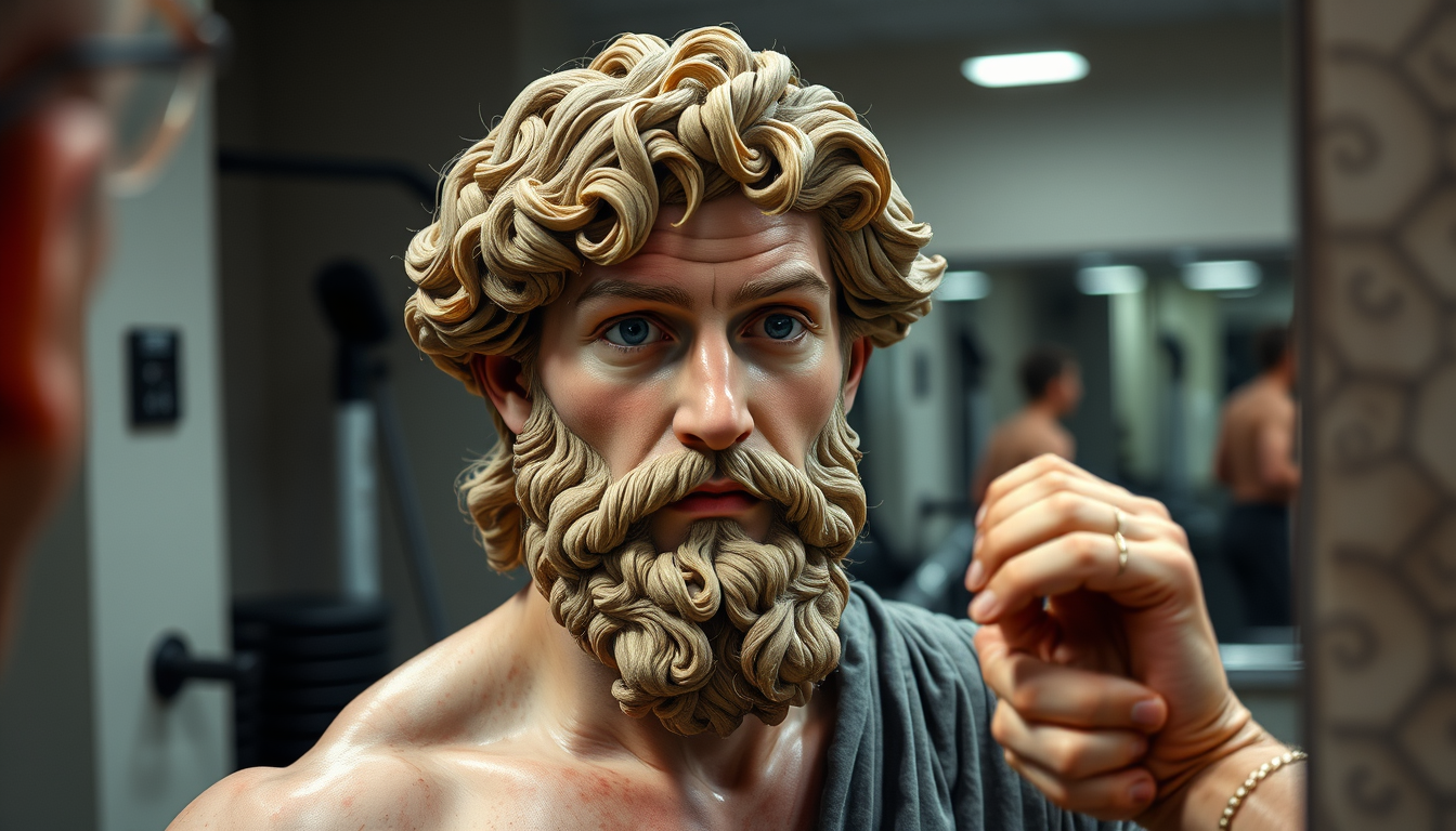Main art studio: Erstelle ein Bild von einem David er soll halb intalenisvh halb deutsch sein und ein Bild im gym vor dem Spiegel machen und sein Gesicht soll zur Hälf