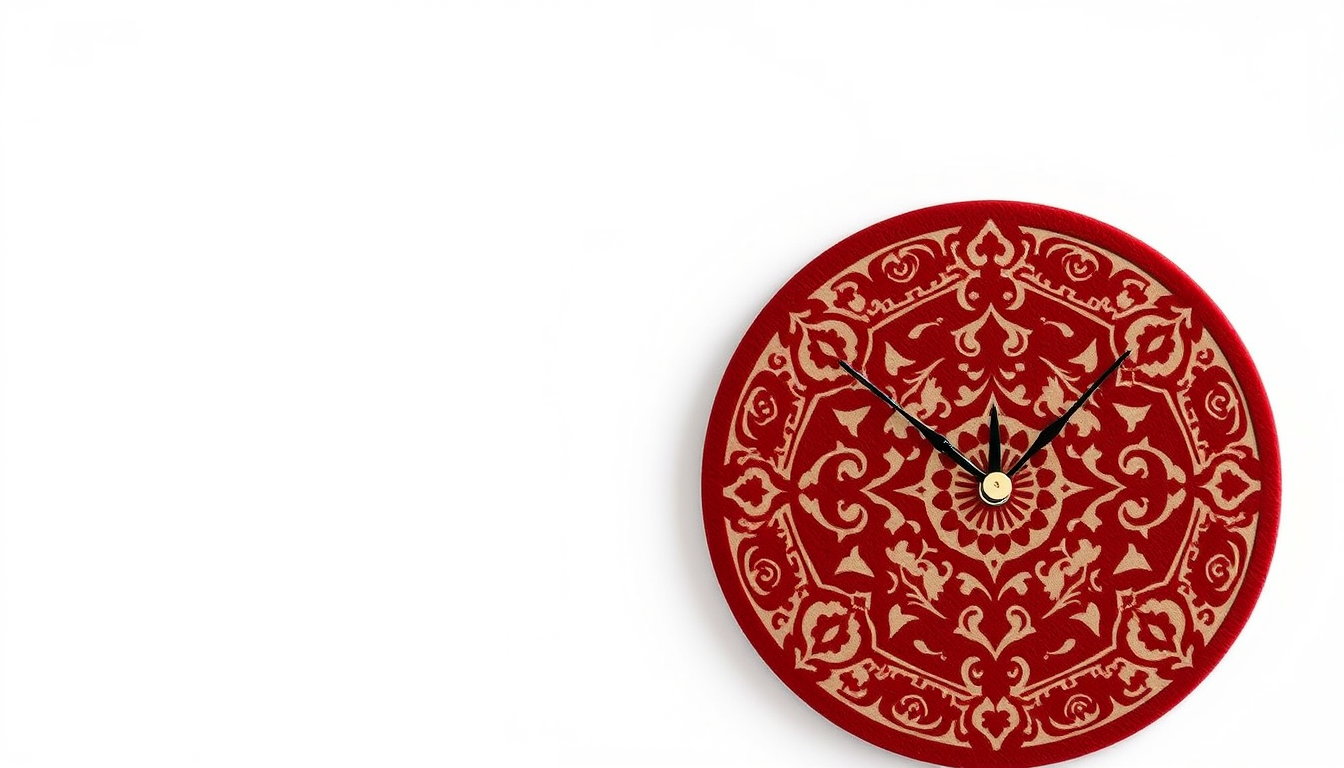 Main art studio: ### Image Prompt A simple round MDF base for a handmade wall clock, decorated directly on the circular MDF surface with a Persian carpet stencil and r