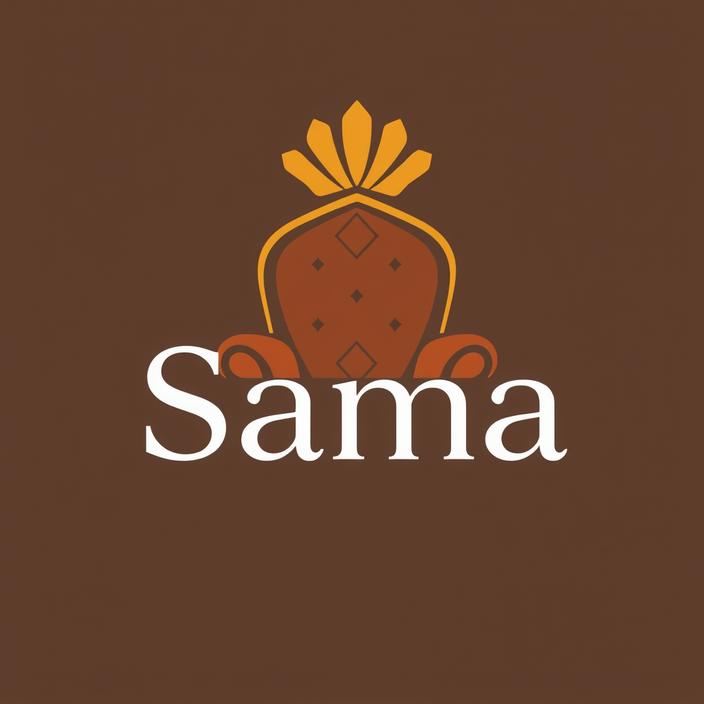 Main art studio: "Minimalist monogram logo for 'Sama' furniture, featuring a stylized crown-shaped armchair with geometric patterns, warm terracotta and matte gold ton
