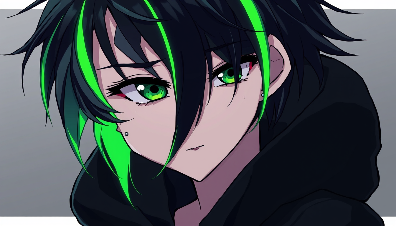 Anime idea: anime style, vibrant colors, expressive eyes, Androgynous emo femboy anime character, messy jet-black hair with vivid neon green streaks, pale skin, h