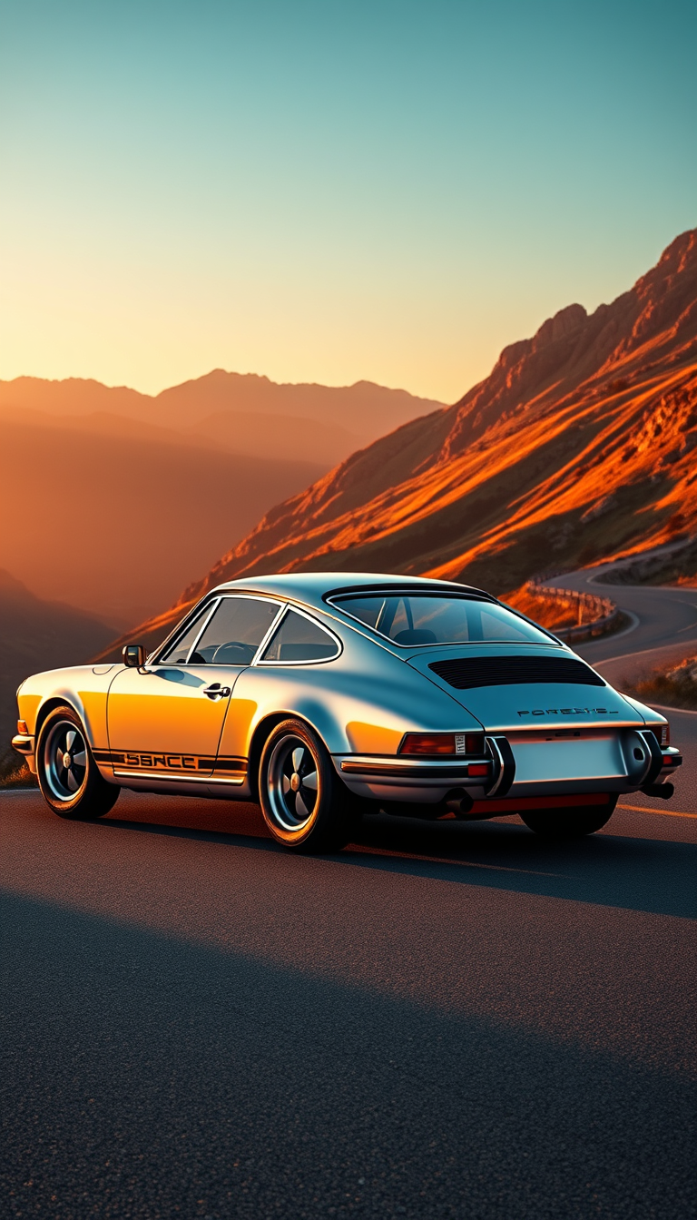Main art studio: Ultra-realistic 4K vertical mobile wallpaper of a classic 1973 Porsche 911 Carrera RS, glossy silver body, iconic ducktail spoiler, round headlights, 